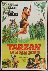 7f951 TARZAN'S HIDDEN JUNGLE Argentinean '55 artwork of Gordon Scott as Tarzan swinging on vine!