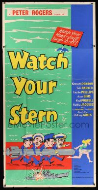 7f134 WATCH YOUR STERN English 3sh '60 great cartoon art of sailors with torpedo chasing sexy girl!