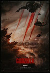 7g678 GODZILLA teaser DS 1sh '14 image of soldiers parachuting over burning San Francisco!