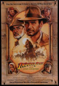 7g733 INDIANA JONES & THE LAST CRUSADE advance 1sh '89 Ford/Connery over a brown background by Drew
