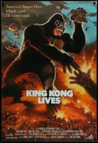 7g759 KING KONG LIVES 1sh '86 great artwork of huge unhappy ape attacked by army!