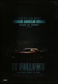 7j076 IT FOLLOWS Canadian 1sh '15 Maika Monroe, Keir Gilchrist, couple in the backseat of a car!