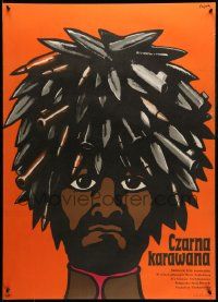 7j716 BLACK HEARSE Polish 27x37 '77 wonderful Jerzy Flisak art of man with bullets for hair!