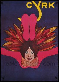 7j738 CYRK Polish commercial 26x37 '70s really different art of woman with feathers by Witold Janows