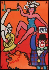 7j739 CYRK Polish 26x38 '70s art by Marian Stachurski, trapeze act, lion, clowns!