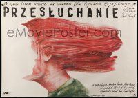 7j769 INTERROGATION Polish 27x38 '89 wild Pagowski art of woman with gagged face in her hair!