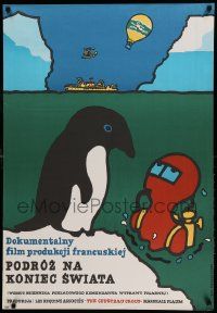7j839 VOYAGE TO THE EDGE OF THE WORLD Polish 27x39 '79 art of scuba diver & penguin by Mlodozeniec