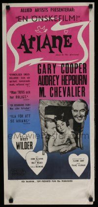 7j235 LOVE IN THE AFTERNOON Swedish stolpe '57 sexy Audrey Hepburn, Gary Cooper, Chevalier!