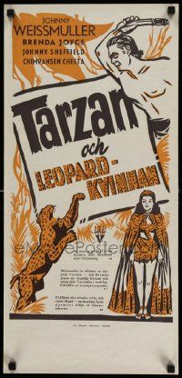 7j250 TARZAN & THE LEOPARD WOMAN Swedish stolpe '46 art of Johnny Weissmuller & Acquanetta!
