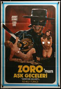 7j370 RED HOT ZORRO Turkish '74 art of the masked hero pointing his sword at sexy babe!