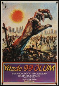 7j377 ZOMBIE Turkish '86 Lucio Fulci, cool art of zombie horde heading to city!