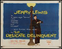 7k077 DELICATE DELINQUENT 1/2sh '57 teen-age terror Jerry Lewis leaning on light post!