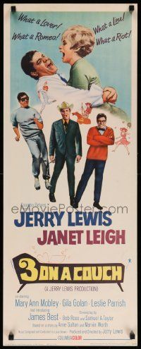 7k291 3 ON A COUCH insert '66 great image of screwy Jerry Lewis squeezing sexy Janet Leigh!