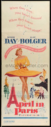 7k319 APRIL IN PARIS insert '53 pretty Doris Day and wacky Ray Bolger in France!