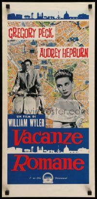 7m832 ROMAN HOLIDAY Italian locandina R90s Audrey Hepburn & Gregory Peck on Vespa over map!
