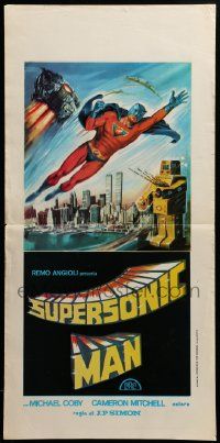 7m897 SUPERSONIC MAN Italian locandina '79 wacky Tino Avelli superhero art with giant robot in NYC!