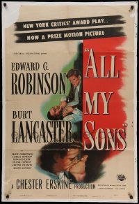 7p035 ALL MY SONS 1sh '48 art of Burt Lancaster choking Edward G. Robinson & kissing pretty girl!