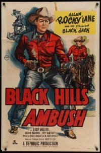 7p096 BLACK HILLS AMBUSH 1sh '52 cool full-length art of cowboy Allan Rocky Lane pointing 2 guns!