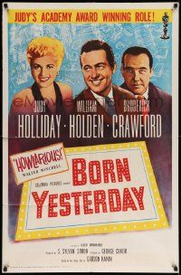7p121 BORN YESTERDAY 1sh R61 headshots of Judy Holliday, William Holden & Broderick Crawford!