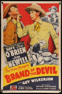 7p124 BRAND OF THE DEVIL 1sh '44 cool art of cowboy Dave O'Brien & the Texas Rangers!