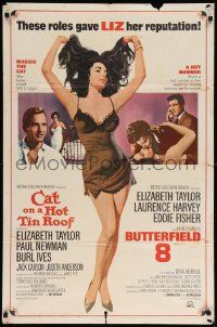 7p162 CAT ON A HOT TIN ROOF/BUTTERFIELD 8 1sh '66 art of sexy Elizabeth Taylor in nightie!