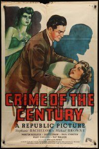 7p205 CRIME OF THE CENTURY 1sh '46 art of Michael Browne choking Stephanie Bachelor!