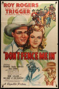 7p263 DON'T FENCE ME IN 1sh '45 close up art of Roy Rogers & pretty Dale Evans, Gabby Hayes!