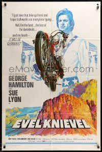 7p295 EVEL KNIEVEL 1sh '71 George Hamilton is THE daredevil, great art of motorcycle jump!