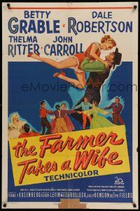7p306 FARMER TAKES A WIFE 1sh '53 artwork of Dale Robertson holding up sexy Betty Grable!