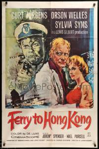 7p309 FERRY TO HONG KONG 1sh '60 artwork of Sylvia Syms & Orson Welles pointing gun at Curt Jurgens!