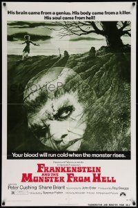 7p328 FRANKENSTEIN & THE MONSTER FROM HELL 1sh '74 your blood will run cold when he rises!