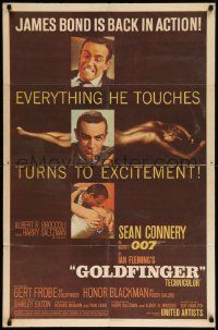 7p376 GOLDFINGER 1sh '64 3 great images of Sean Connery as James Bond + golden Shirley Eaton!