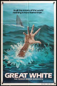 7p387 GREAT WHITE style A teaser 1sh '82 great artwork of shark attacking swimmer plus cool letter!