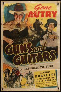 7p394 GUNS & GUITARS 1sh R45 art of cowboy Gene Autry & Smiley Burnette singing & w/bad guys!