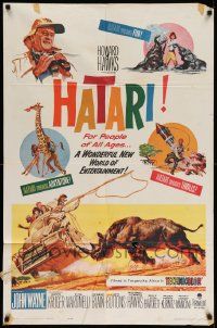 7p401 HATARI 1sh '62 Howard Hawks, artwork of John Wayne rounding up rhino in Africa!