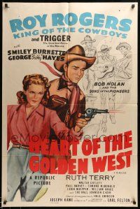 7p406 HEART OF THE GOLDEN WEST 1sh R55 cool art of Roy Rogers by Ruth Terry shooting gun!