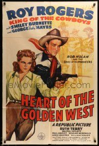 7p405 HEART OF THE GOLDEN WEST 1sh '42 cool art of Roy Rogers by Ruth Terry shooting gun!