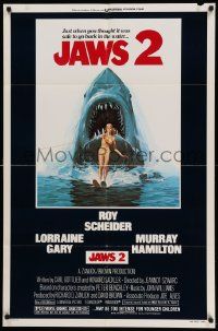 7p477 JAWS 2 1sh '78 great classic art of giant shark attacking girl on water skis by Lou Feck!