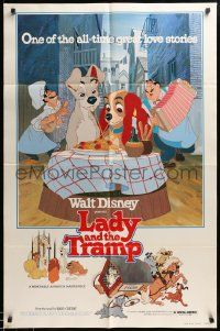 7p497 LADY & THE TRAMP 1sh R80 Walt Disney classic cartoon, best spaghetti scene image!
