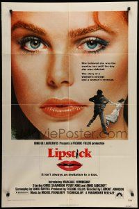 7p522 LIPSTICK 1sh '76 super close up of sexy Margaux Hemingway, the story of a woman's revenge!