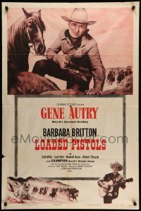 7p528 GENE AUTRY stock 1sh '54 Gene Autry playing guitar, fighting & riding Champion, Loaded Pistols