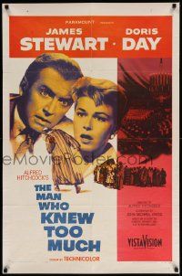 7p559 MAN WHO KNEW TOO MUCH 1sh '56 James Stewart & Doris Day, directed by Alfred Hitchcock!