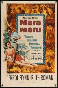 7p566 MARA MARU 1sh '52 montage of Errol Flynn & sexy Ruth Roman in the tropical Philippines!