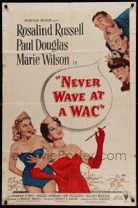 7p627 NEVER WAVE AT A WAC style A 1sh '53 art of guys whistling at Rosalind Russell & Marie Wilson!