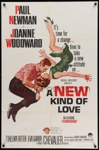 7p630 NEW KIND OF LOVE 1sh '63 Paul Newman loves Joanne Woodward, great romantic image!
