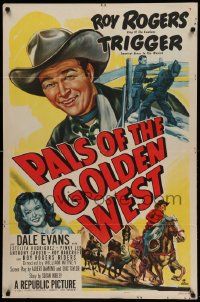 7p669 PALS OF THE GOLDEN WEST 1sh '51 great artwork of Roy Rogers, Trigger, Dale Evans!