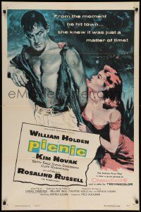 7p681 PICNIC int'l 1sh '56 great art of barechested William Holden & sexy long-haired Kim Novak!