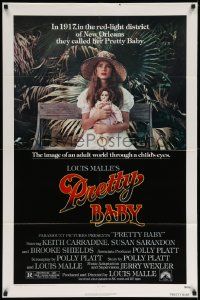 7p704 PRETTY BABY 1sh '78 directed by Louis Malle, young Brooke Shields sitting with doll!