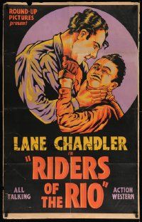 7p738 RIDERS OF THE RIO Woolever Press 1sh '30 art of cowboy Lane Chandler choking bad guy, rare!