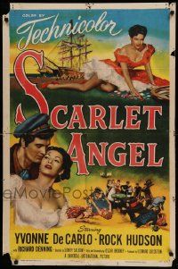 7p764 SCARLET ANGEL 1sh '52 artwork of sailor Rock Hudson & sexy gambling Yvonne DeCarlo!